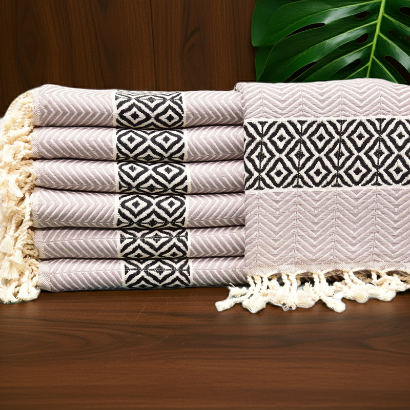 Boho Turkish Towel – Black & Beige Diamond Pattern Cotton Towel, Personalized Gift for Her, Spa or Bridesmaid Gift, Handmade Home Decor Accent