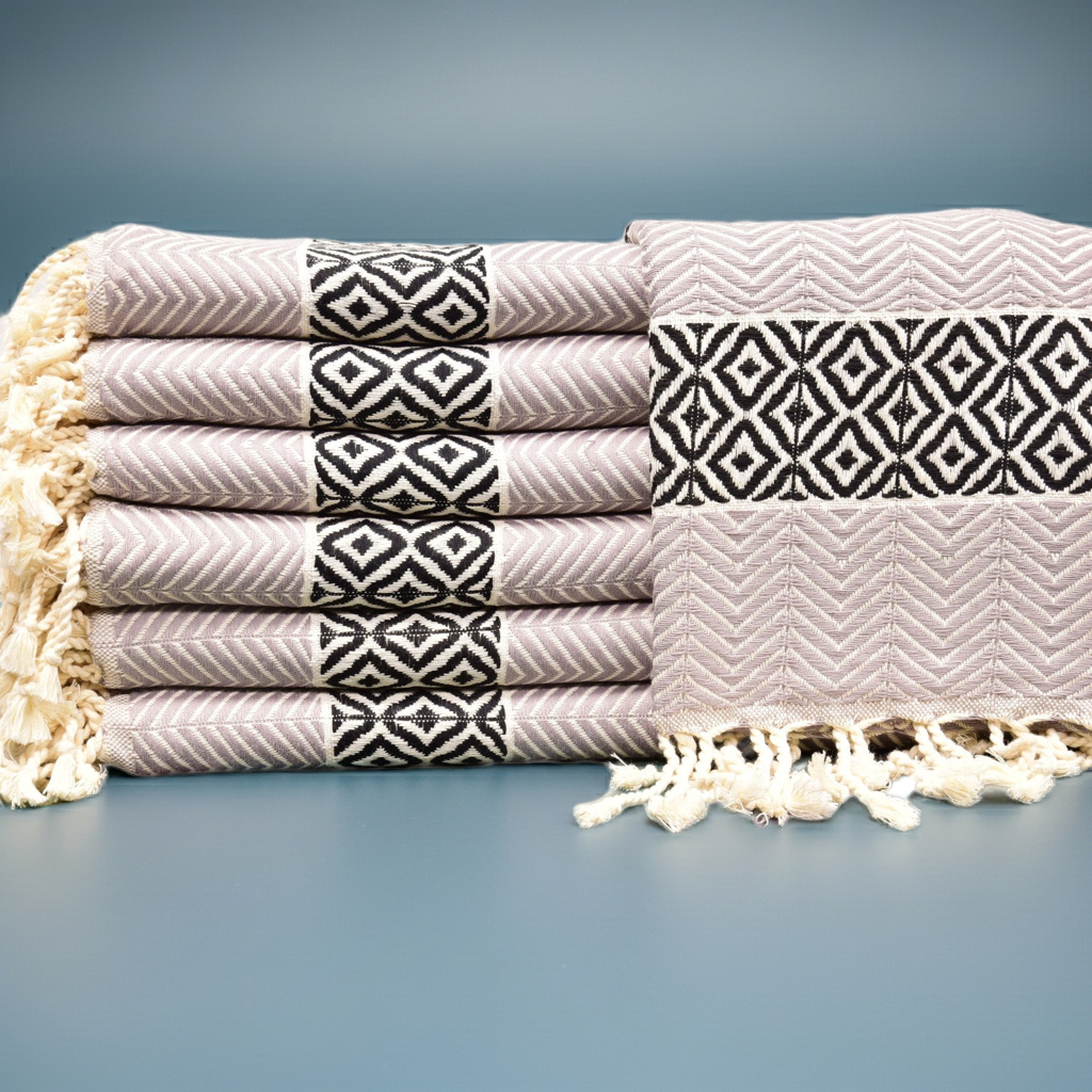 Boho Turkish Towel – Black & Beige Diamond Pattern Cotton Towel, Personalized Gift for Her, Spa or Bridesmaid Gift, Handmade Home Decor Accent