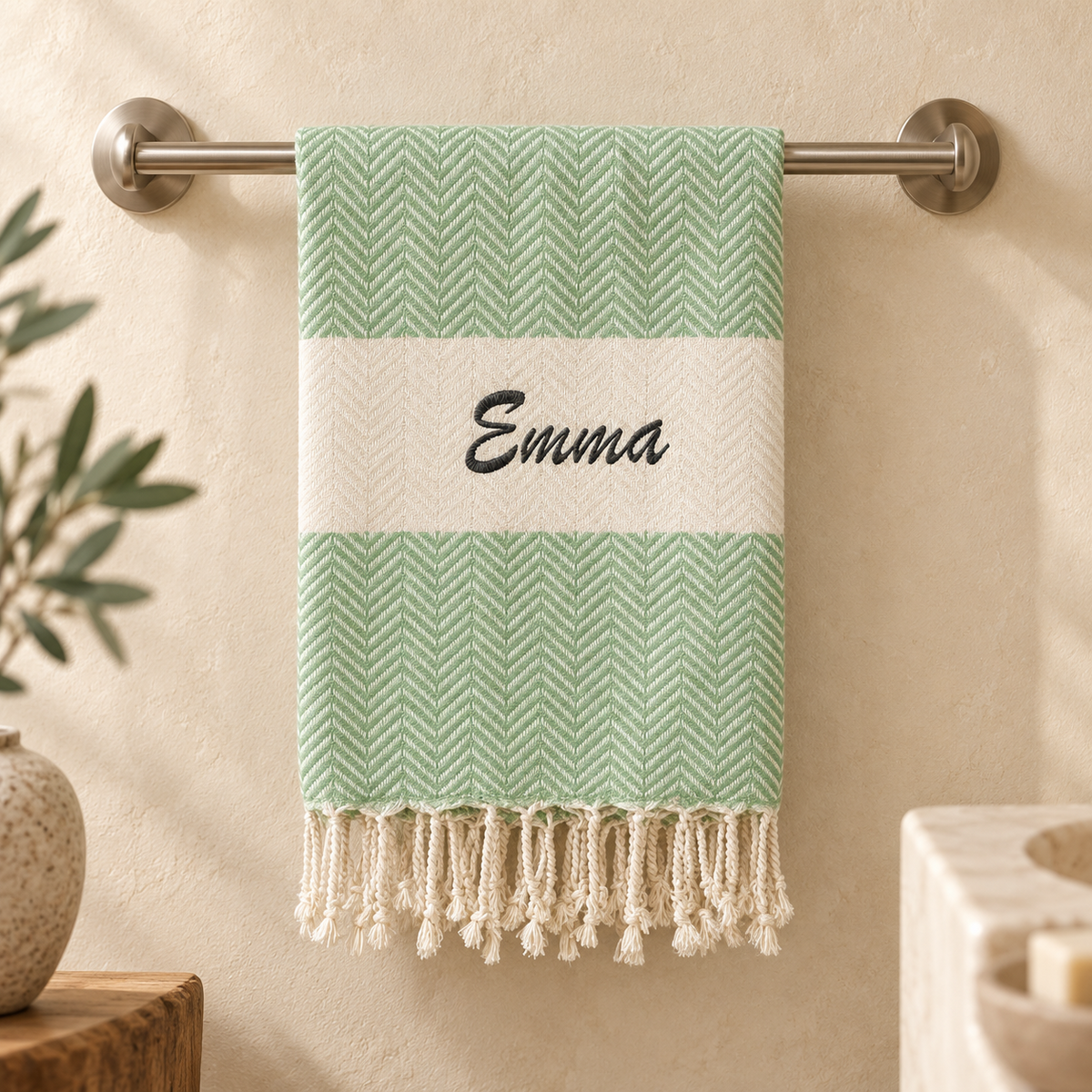 Sage green herringbone Turkish towel embroidered with Emma
