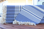 Blue and White Turkish Cotton Towel Set – Handwoven Peshtemal with Fringe