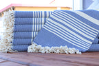 Blue and White Turkish Cotton Towel Set – Handwoven Peshtemal with Fringe