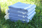Blue and White Turkish Cotton Towel Set – Handwoven Peshtemal with Fringe