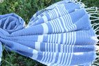 Blue and White Turkish Cotton Towel Set – Handwoven Peshtemal with Fringe