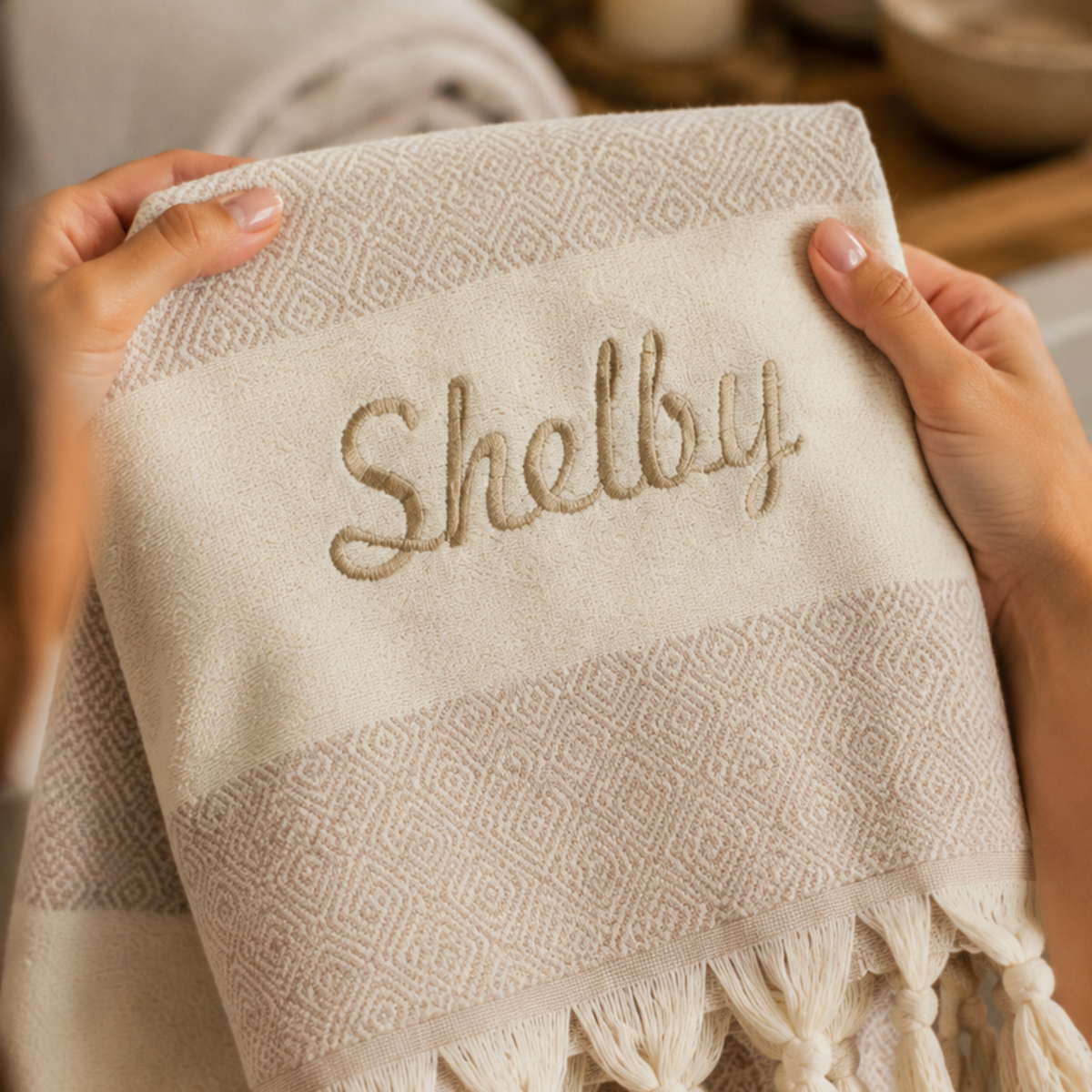 Close-up of Shelby embroidery and diamond weave