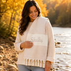Personalized beige towel worn outdoors