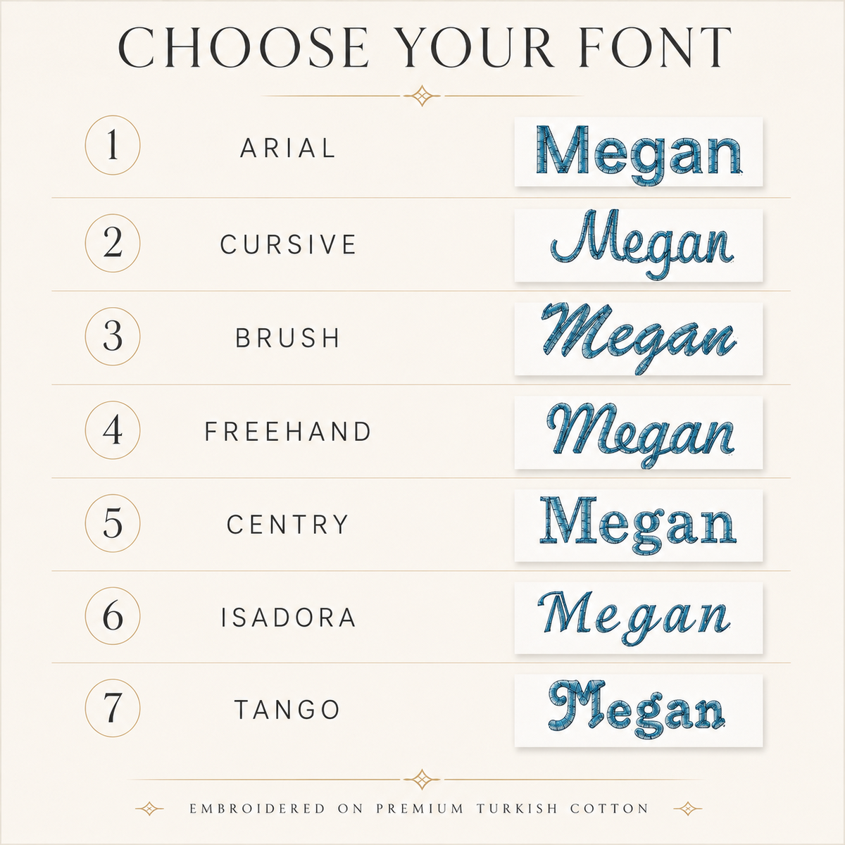 Seven embroidery font choices