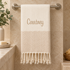Beige herringbone Turkish towel embroidered with Courtney