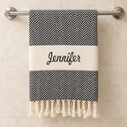 Black herringbone Turkish towel embroidered with Jennifer