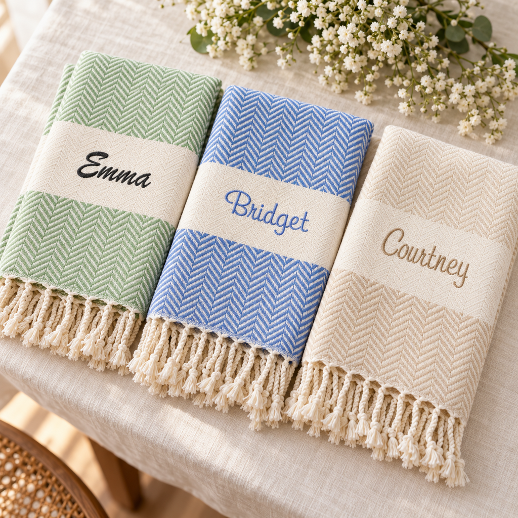 Three herringbone towels with individual embroidered names
