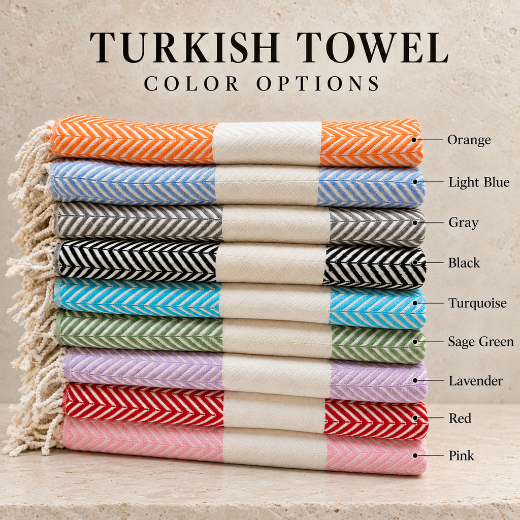 Herringbone Turkish towel color chart: orange, light blue, gray, black, turquoise, sage green, lavender, red and pink