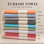 Herringbone Turkish towel color chart: orange, light blue, gray, black, turquoise, sage green, lavender, red and pink