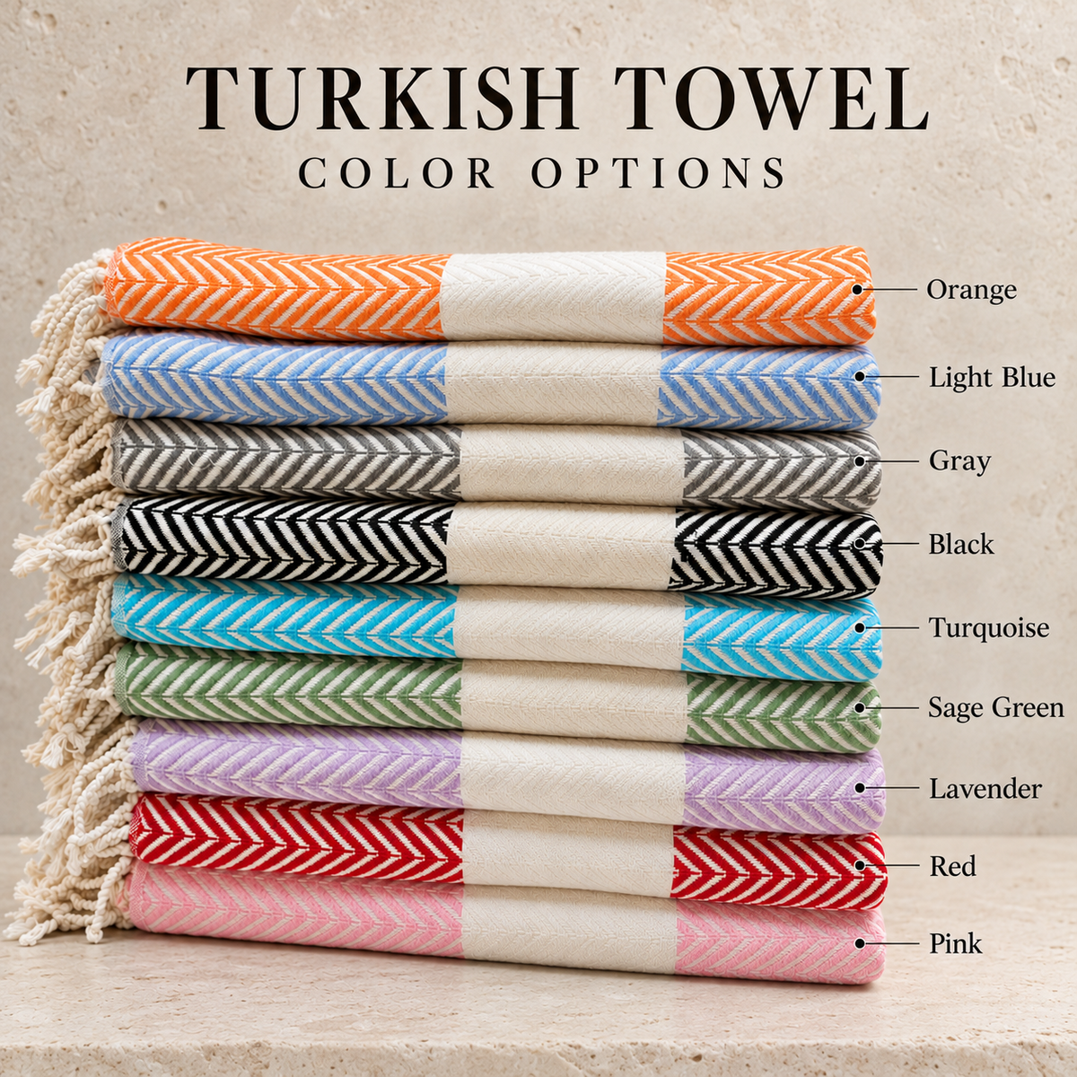 Herringbone Turkish towel color chart: orange, light blue, gray, black, turquoise, sage green, lavender, red and pink