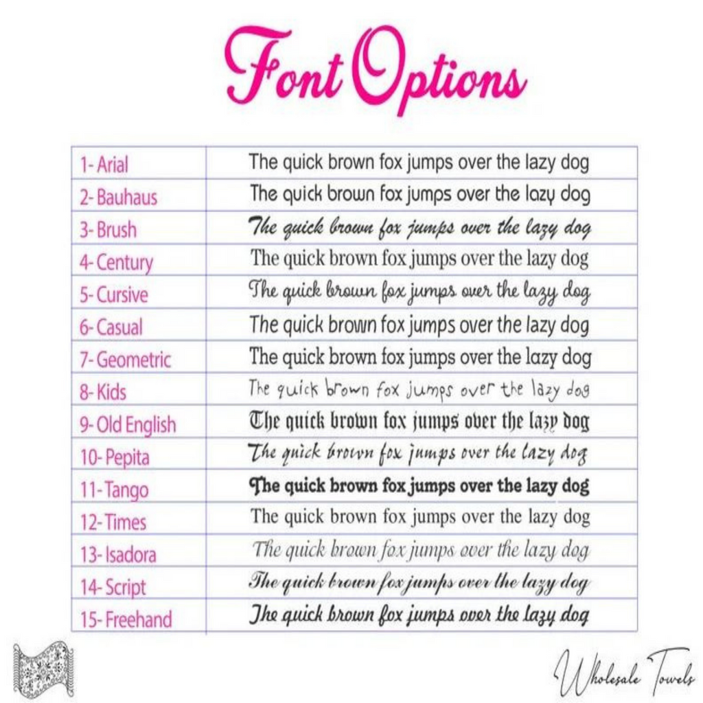 Fifteen embroidery font options