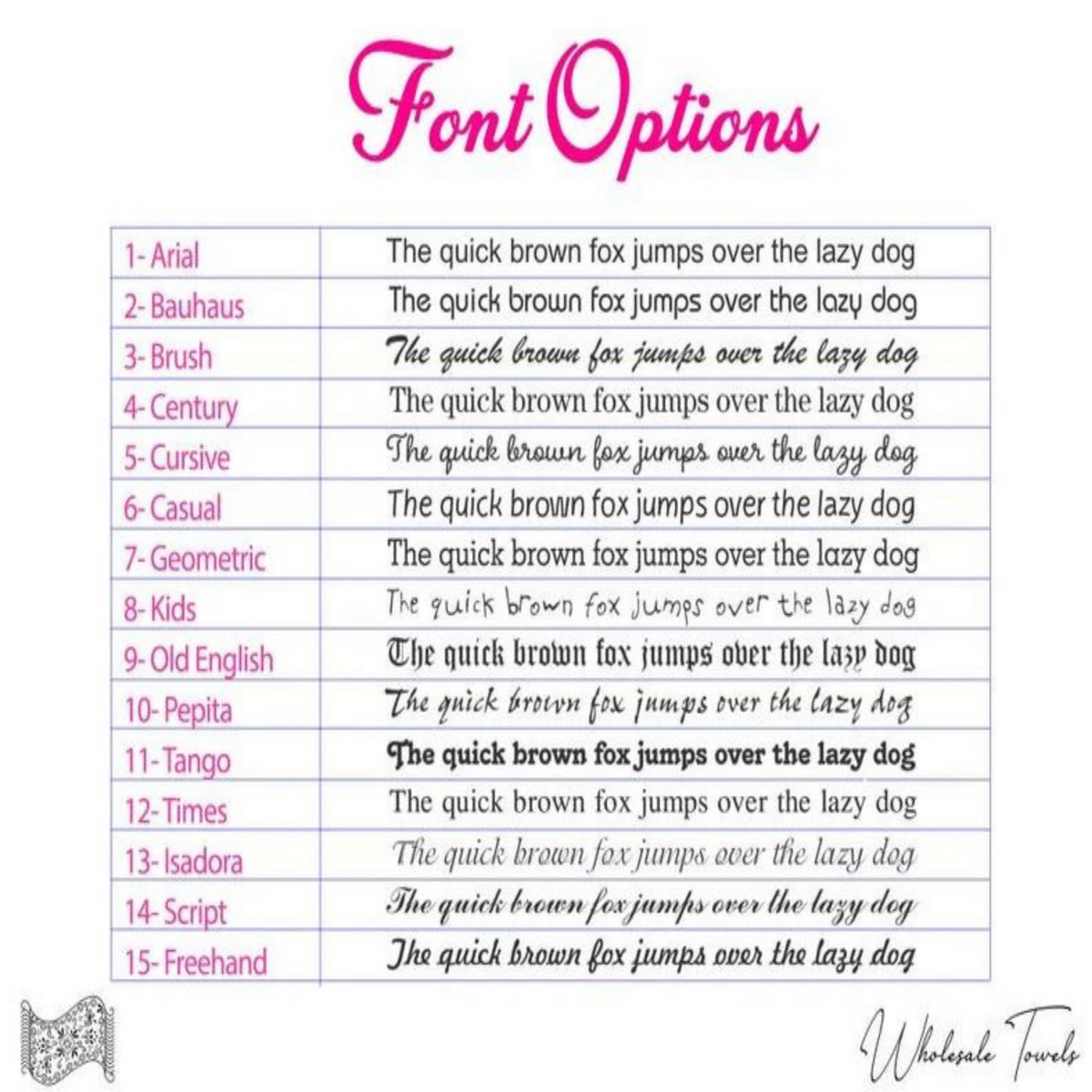 Fifteen embroidery font options
