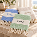 Sage green, blue and beige personalized herringbone towels