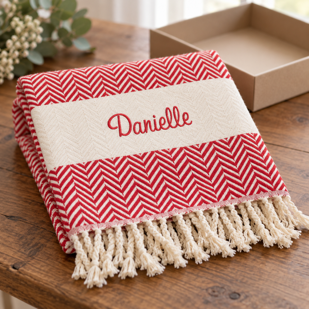 Red herringbone towel with Danielle embroidery; gift styling
