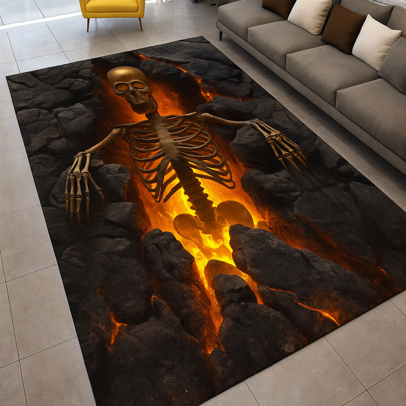 Skeleton Halloween Rug – Realistic Lava Printed Area Carpet, Gothic Horror Floor Mat for Living Room or Bedroom, Spooky Home Decor Gift