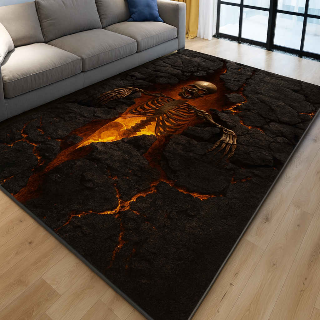 Skeleton Halloween Rug – Realistic Lava Printed Area Carpet, Gothic Horror Floor Mat for Living Room or Bedroom, Spooky Home Decor Gift