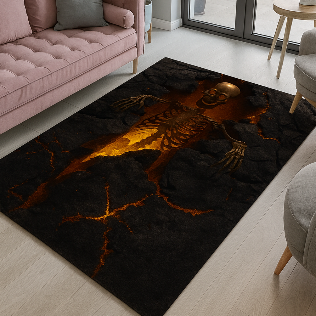 Skeleton Halloween Rug – Realistic Lava Printed Area Carpet, Gothic Horror Floor Mat for Living Room or Bedroom, Spooky Home Decor Gift