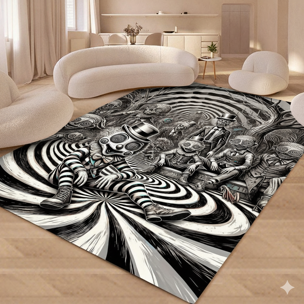 Trippy Art Rug – Surreal Black and White Printed Carpet, Optical Illusion Modern Area Rug for Living Room and Office Decor
