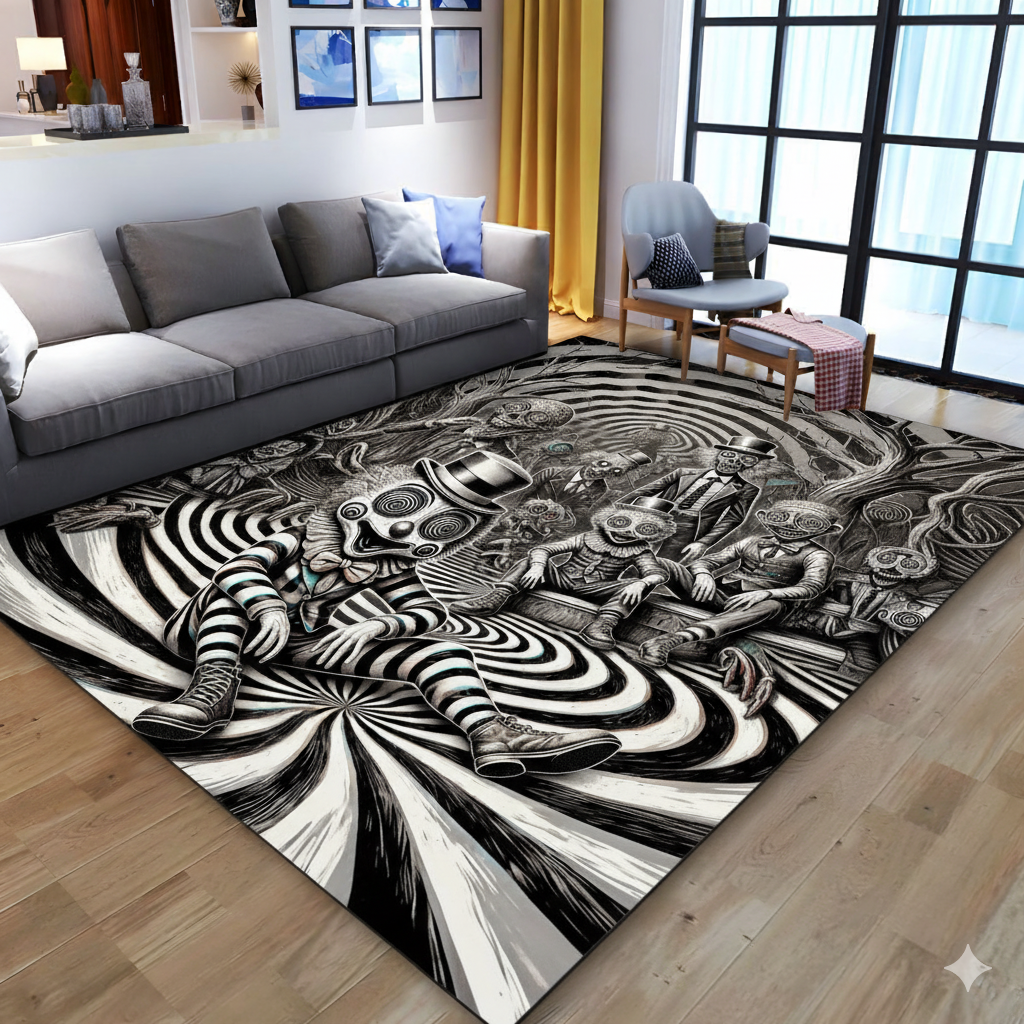 Trippy Art Rug – Surreal Black and White Printed Carpet, Optical Illusion Modern Area Rug for Living Room and Office Decor