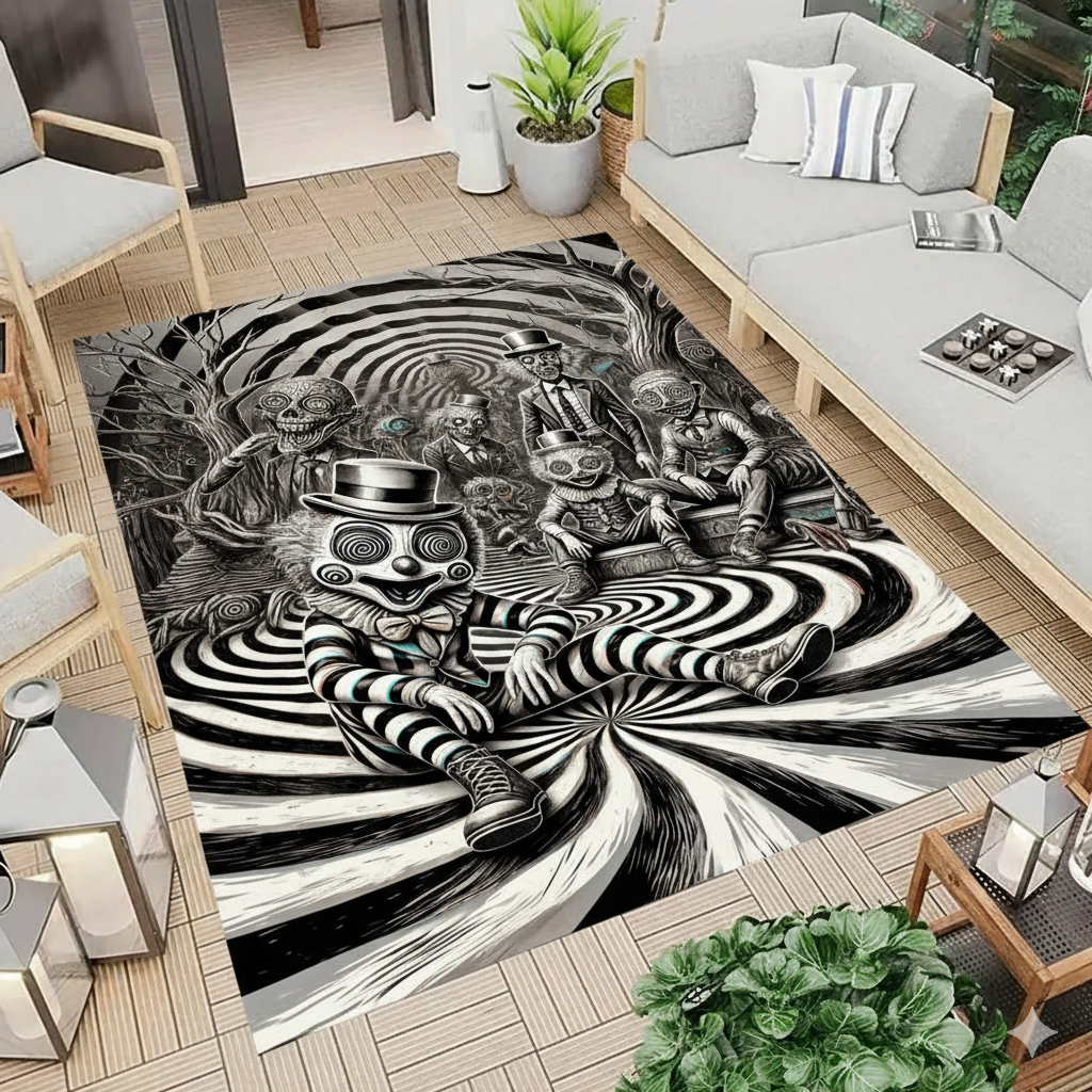 Trippy Art Rug – Surreal Black and White Printed Carpet, Optical Illusion Modern Area Rug for Living Room and Office Decor