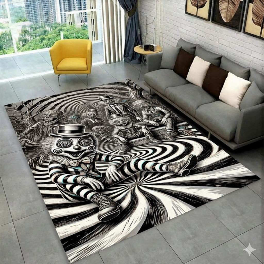 Trippy Art Rug – Surreal Black and White Printed Carpet, Optical Illusion Modern Area Rug for Living Room and Office Decor