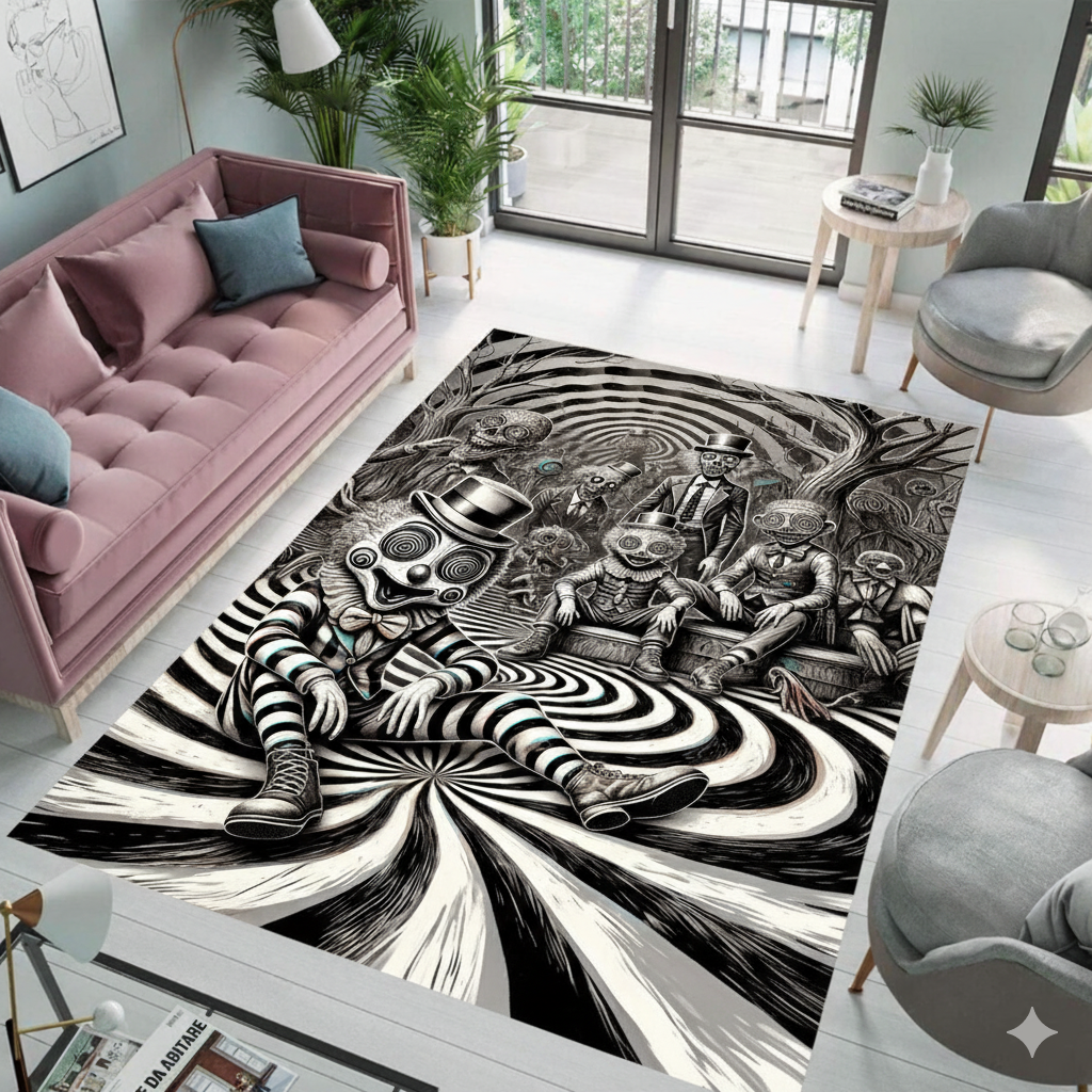 Trippy Art Rug – Surreal Black and White Printed Carpet, Optical Illusion Modern Area Rug for Living Room and Office Decor