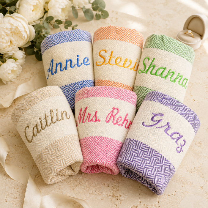 Personalized Bridesmaid Towel Set of 6 — Matching Embroidered Turkish Towels