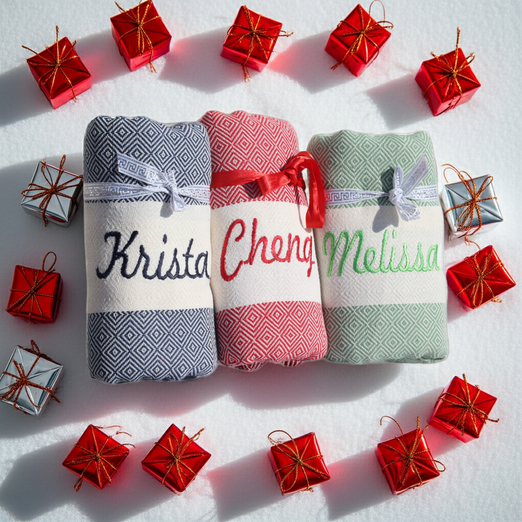 Personalized Christmas Beach Towel — Custom Name Embroidered Turkish Towel