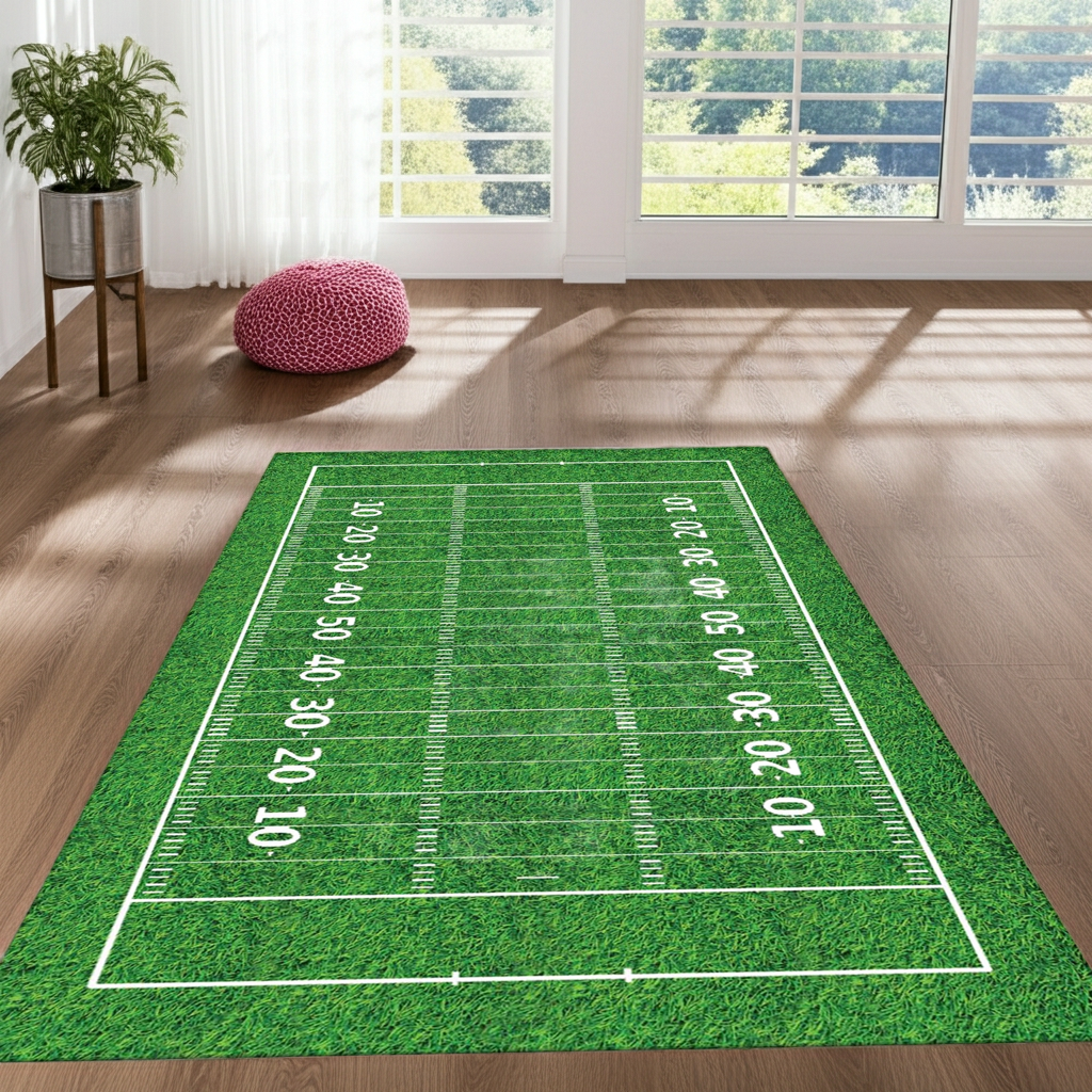 American Football Field Area Rug | NFL Theme Game Room Decor | Turf Design Green Mat