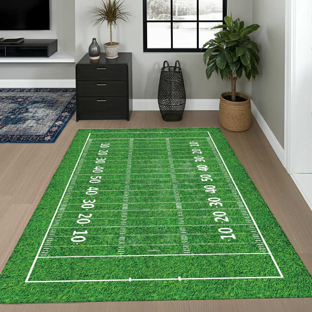 American Football Field Area Rug | NFL Theme Game Room Decor | Turf Design Green Mat